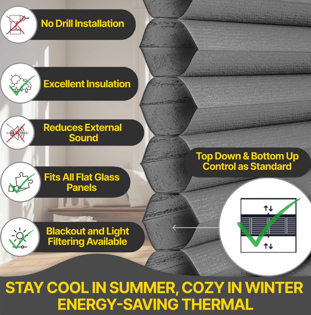 Premium British Made to Measure Blackout No Drill Blinds for Windows & Doors – Honeycomb Cellular Stick Fit Blinds | Easy Fit Adhesive – Thermal, Cordless, UK Made & Child Safe