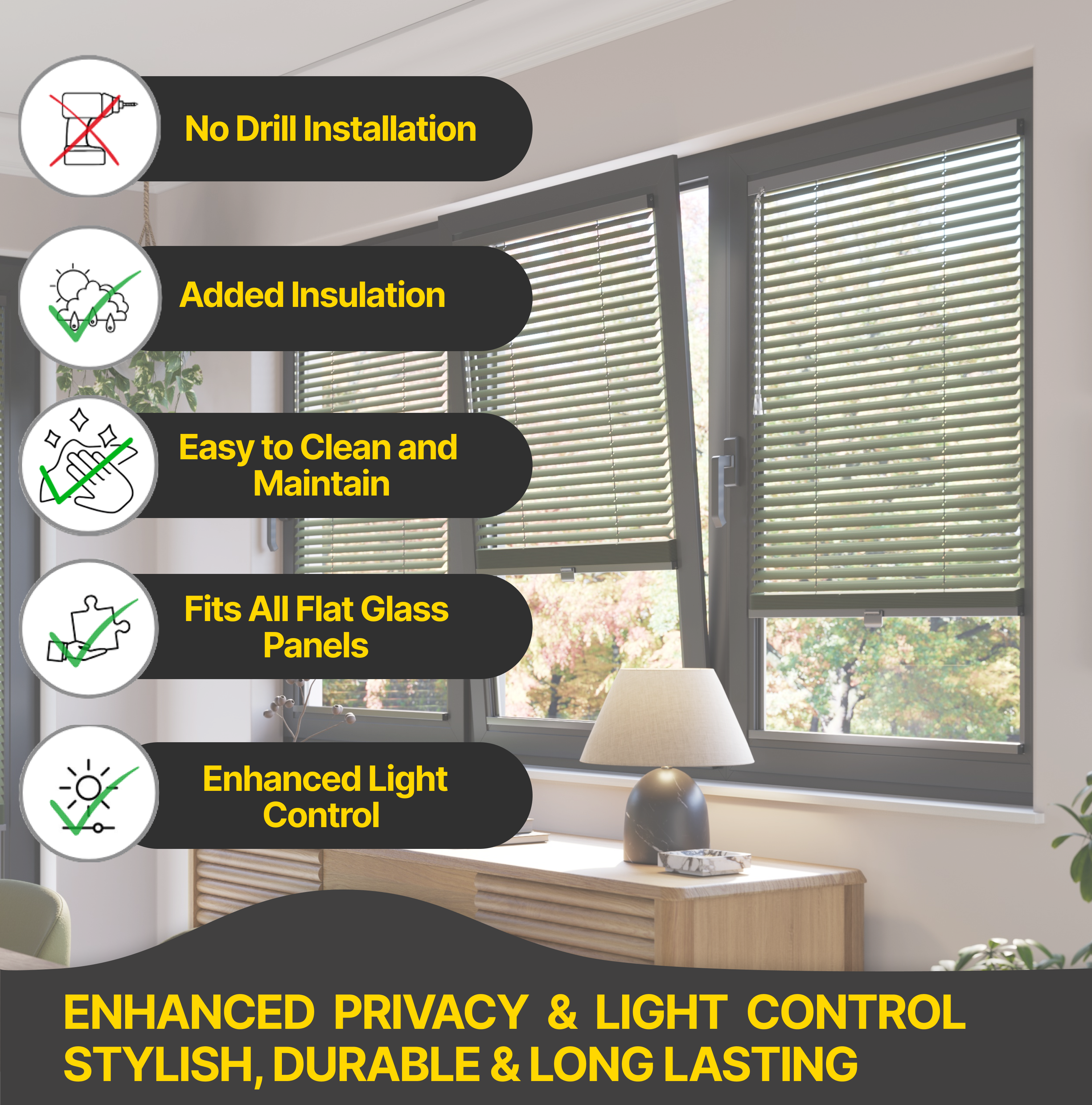 Premium British Made to Measure Aluminium Venetian Blinds | No Drill Blinds for Windows & Doors – Stick Fit | Easy Fit Adhesive – Thermal, Cordless, UK Made & Child Safe